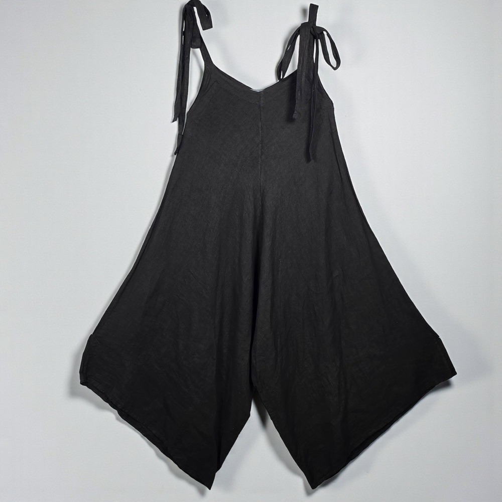 ANGELA MARA Black Linen Wide‎ Leg Jumpsuit Cropped, Tie Shoulder Woman XS Italy